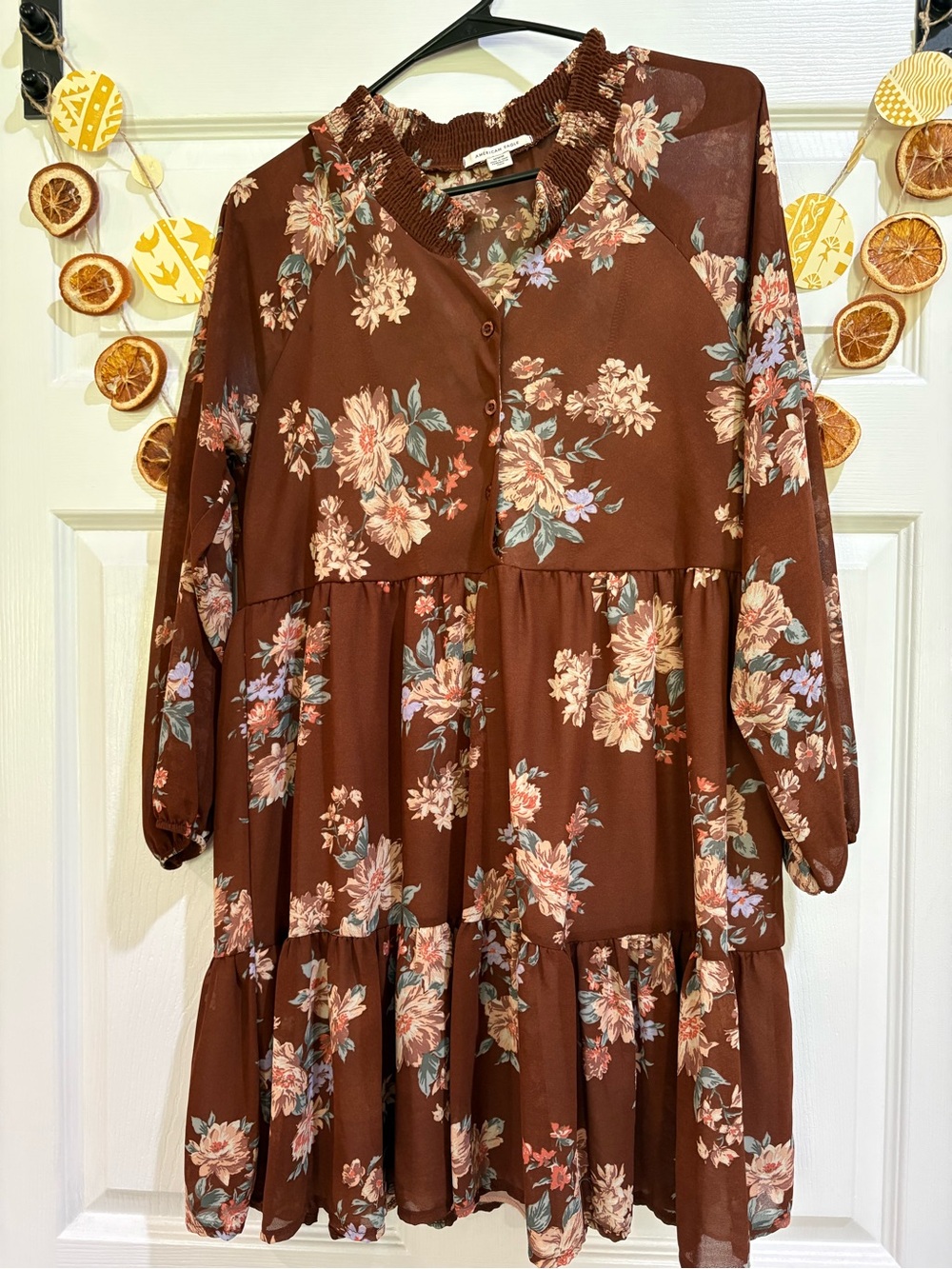 American Eagle Outfitters Brown Floral Tiered Long-Sleeve Dress